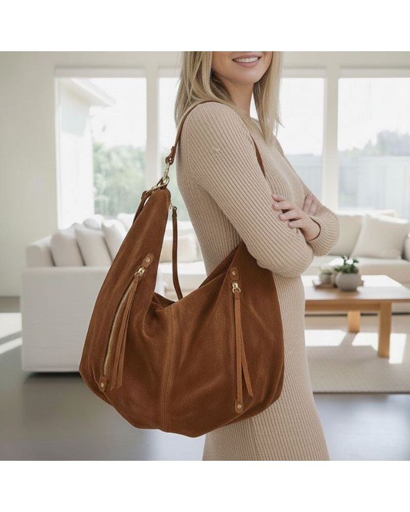 sac forme hobo en daim couleur camel fabrication italienne haute qualité