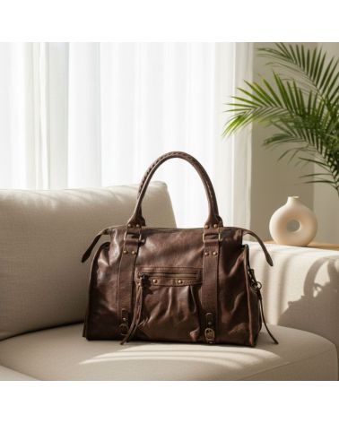 sac à main grand format cuir brossé couleur chocolat porté main ou bandoulière