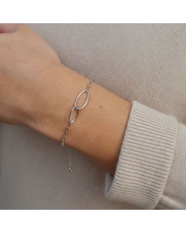 bracelet pour femme en argent 925 rhodié composé d'une maille large et 2 ellipses
