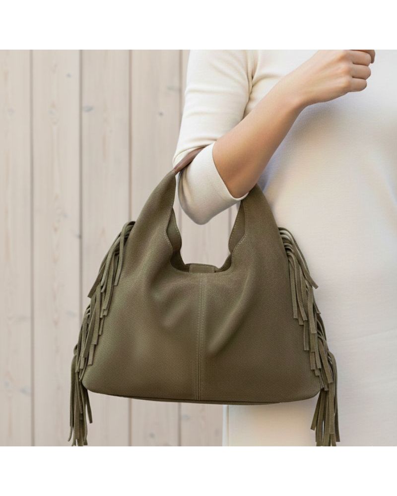 petit sac daim à franges couleur taupe