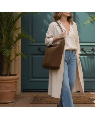 Sac cabas structuré format seau en daim modèle ALBA couleur taupe fabrication italienne