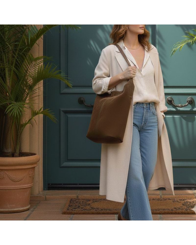 Sac cabas structuré format seau en daim modèle ALBA couleur taupe fabrication italienne