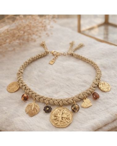 collier lien tressé doré et breloque soleil mile mila bijoux acier tendance mode