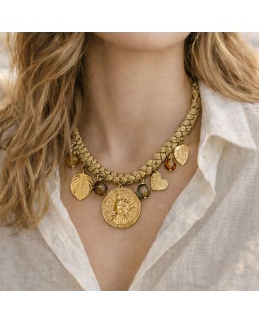 collier lien tressé doré et breloque soleil mile mila bijoux acier tendance mode