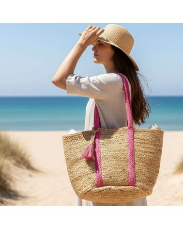 Sac panier en jute souple détails rose fabrication artisanale