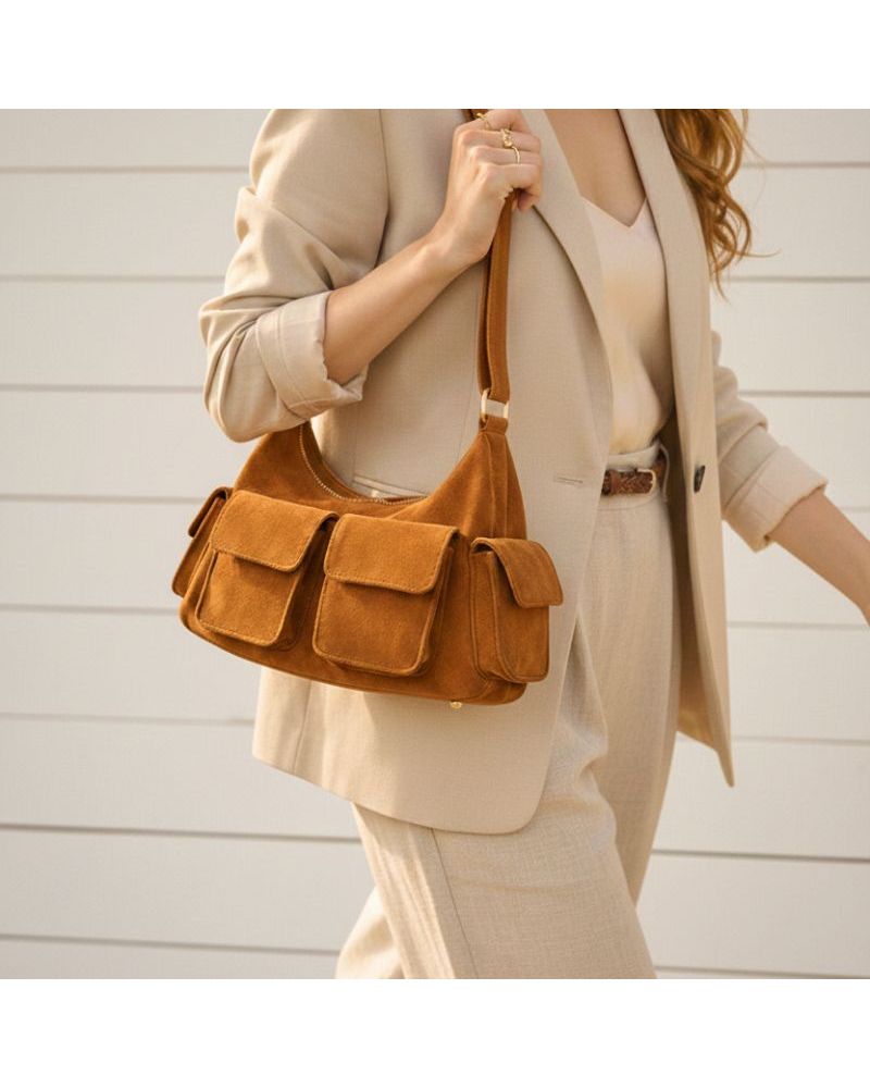 Sac en cuir suède multipoche Sienna porté à l’épaule, style chic et décontracté couleur camel