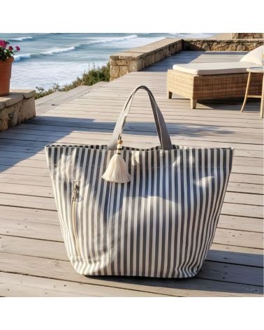 sac de plage coton format XL rayure gris et écru pratique, solide et léger