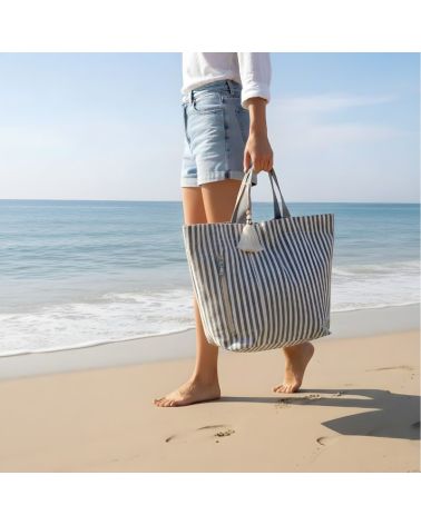 sac de plage coton format XL rayure gris et beige pratique, solide et léger