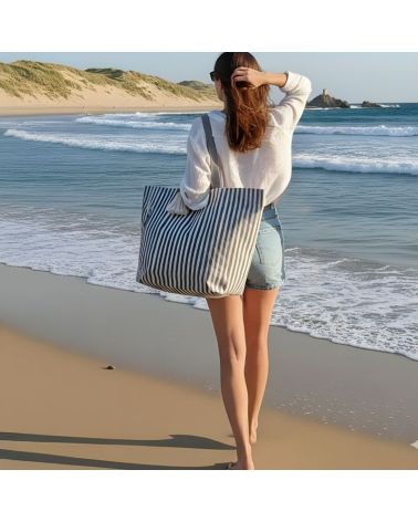 sac de plage coton format XL rayure gris et écru pratique, solide et léger