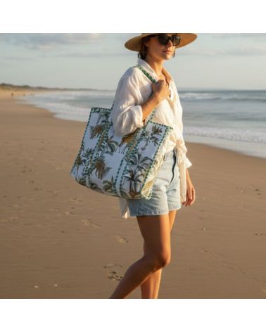 cabas en coton épais imprimé palmiers vert et écru parfait pour la plage ou en ville en été