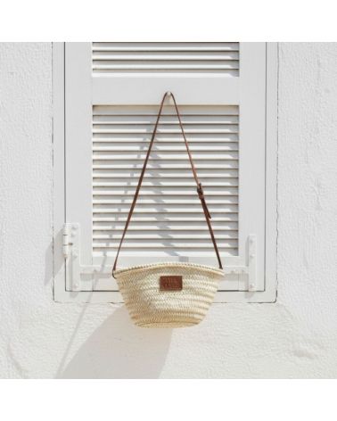 Sac panier en paille tressée et empiècement cuir véritable camel - Accessoire de mode été