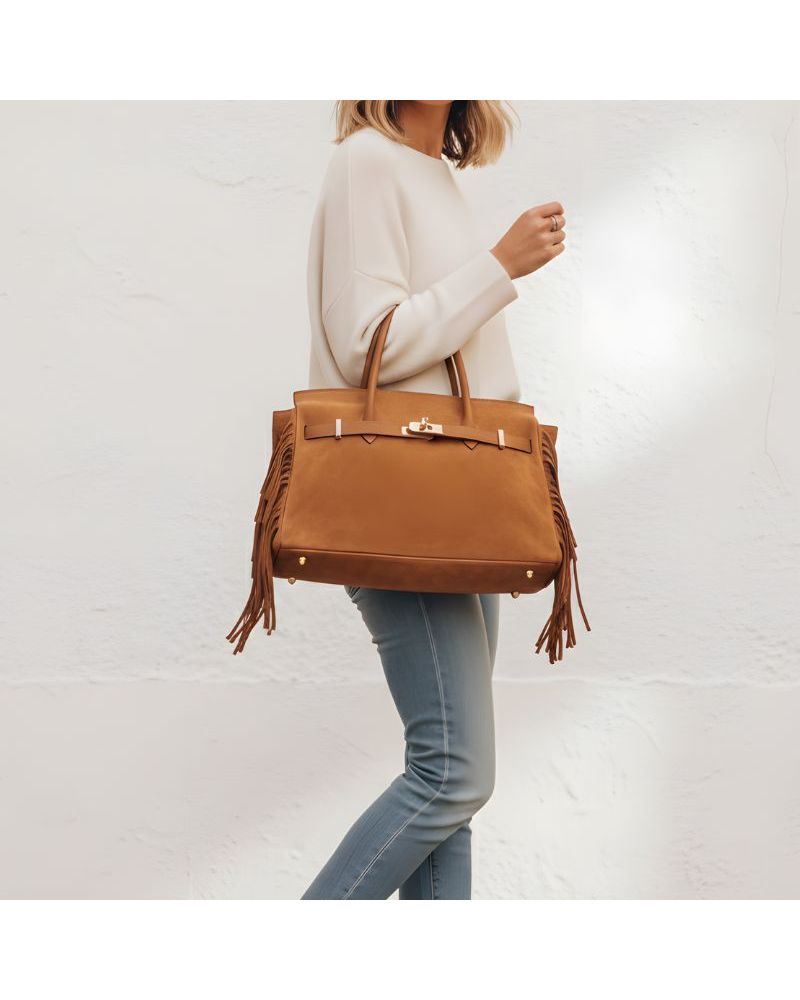 sac en daim et anses cuir couleur camel porté par une femme pour un style boheme chic