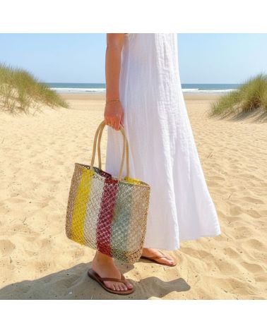panier paille motif rayure multicolore parfait pour la plage, le marché ou sortie shopping