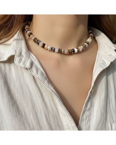 Collier Lina en pierres naturelles œil de tigre et rhodonite Création Bohm Paris