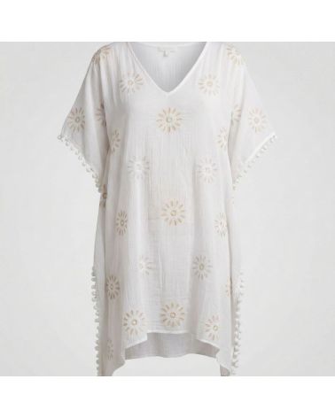 caftan de plage blanc en coton imprimé soleil marque Terre Rouge