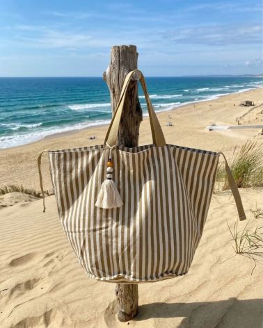 grand sac de plage en toile rayé écru et kaki clair