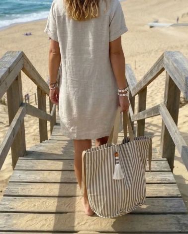 grand sac de plage en toile rayé écru et kaki clair