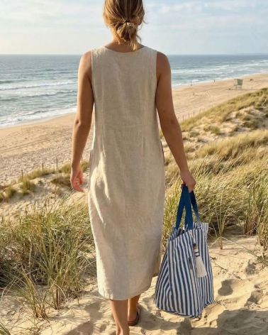 grand cabas de plage en toile rayure bleu porté à la main sur la plage de Capbreton