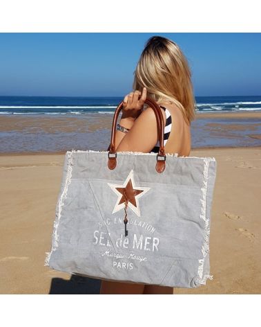 Sac de plage xl toile gris et cuir Terre Rouge - Zosha Collection