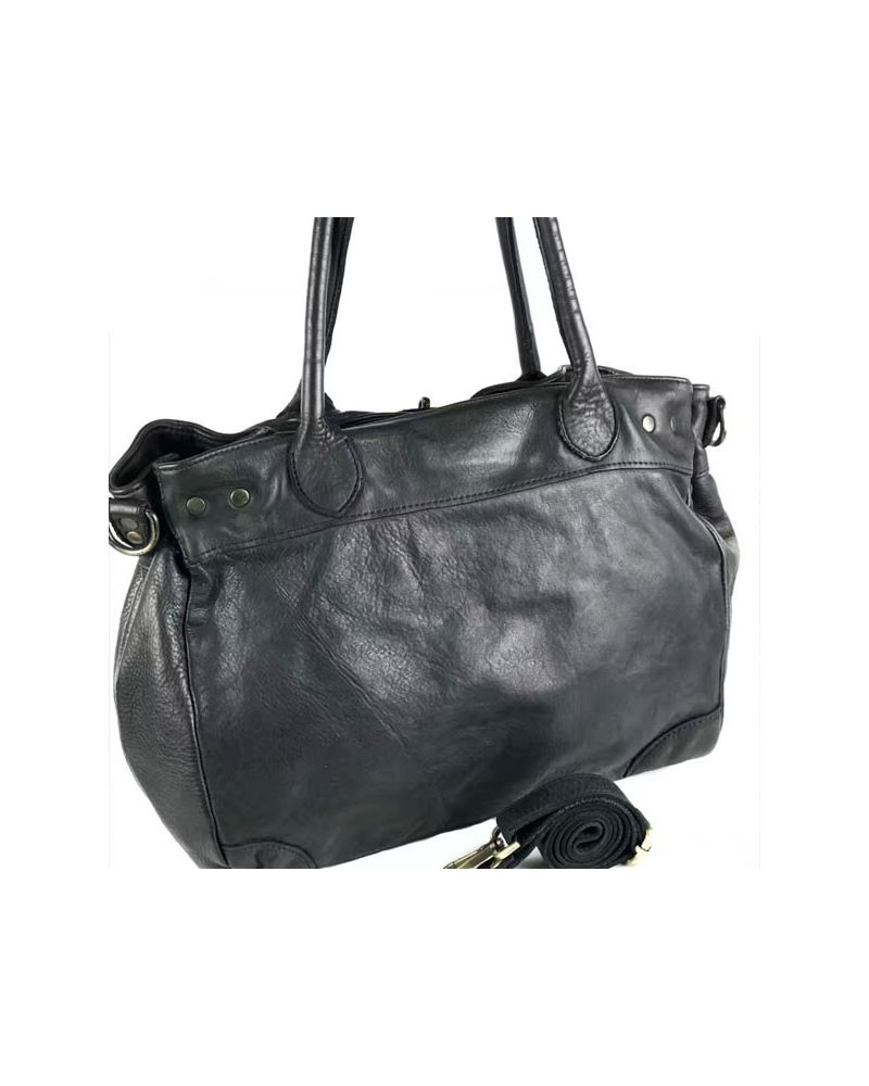 Sac ?� Main noir Cuir Souple Italien style Vintage - Zosha Collection