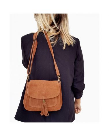 Sac bandoulière forme messenger, Daim Camel