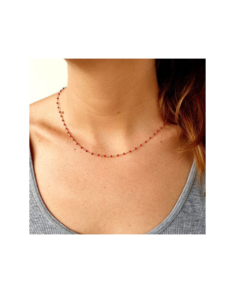 Collier ras de cou perles émail rouge