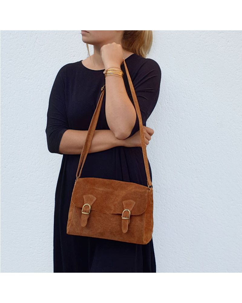 Sac bandoulière forme messenger, Daim Camel