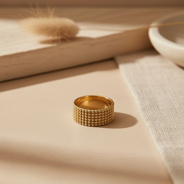 bague anneau large pour femme en plaqué or 18 carats en maille perlée