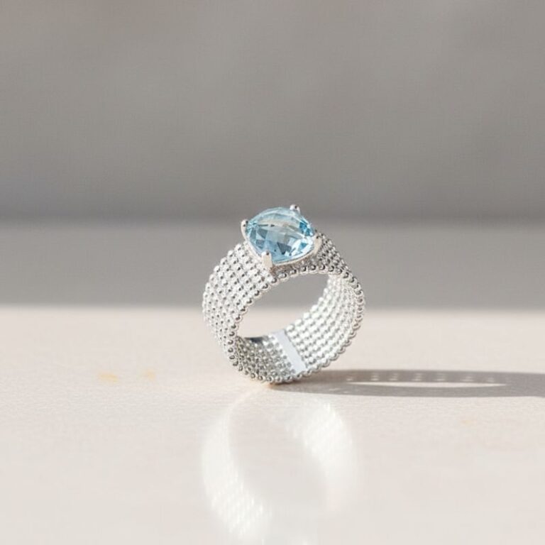 bague argent 925 pierre teintée aigue marine