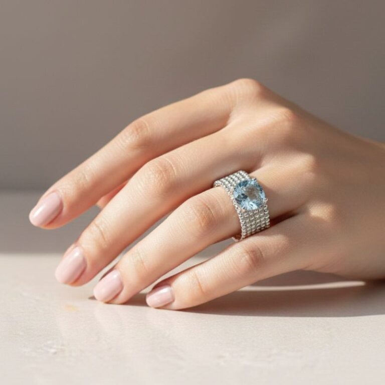 bague argent 925 pierre teintée aigue marine