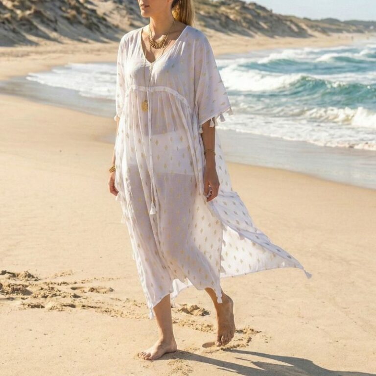 caftan de plage long en coton blanc impirmé cactus