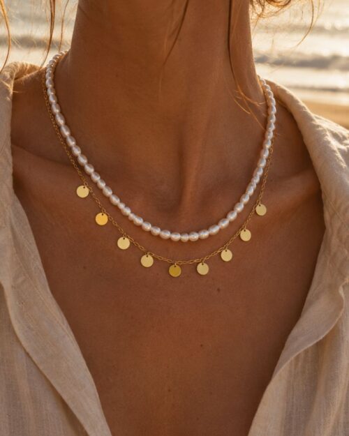 collier double rang perles d'eau et pampilles acier inoxydable bijou été