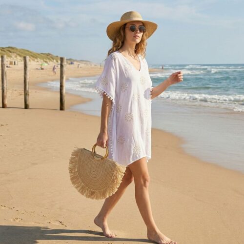caftan de plage coton blanc motif soleil