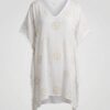 caftan ou tunique de plage en coton blanc imprimé soleil doré argenté