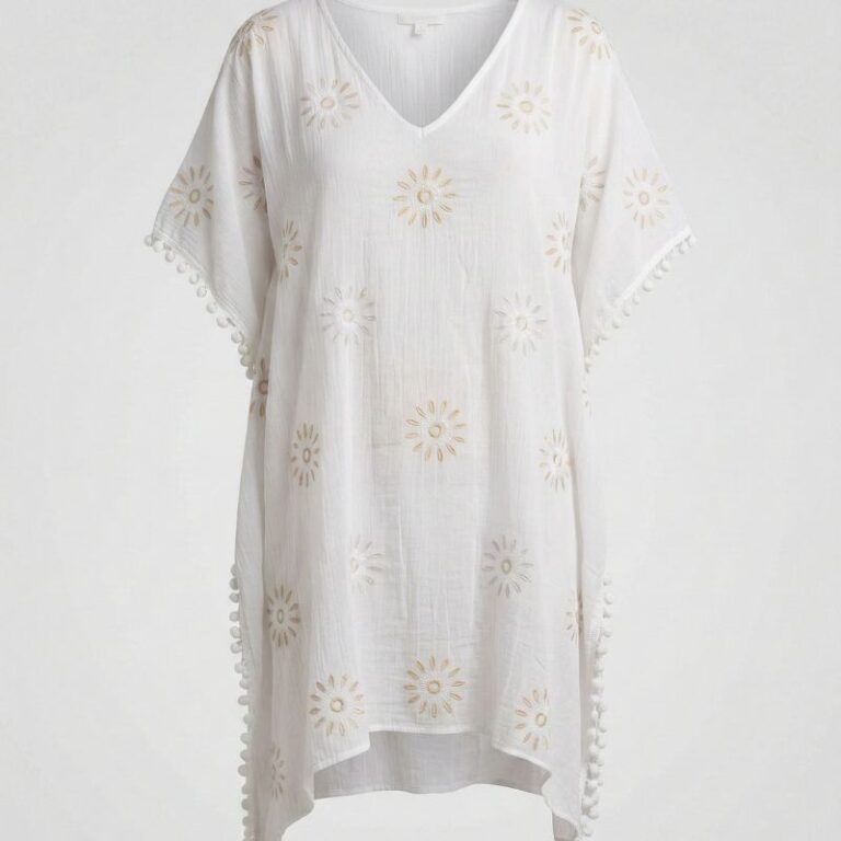 caftan ou tunique de plage en coton blanc imprimé soleil doré argenté