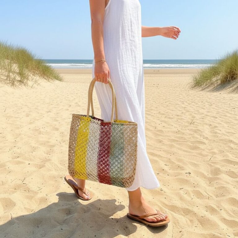 Panier paille motif rayure