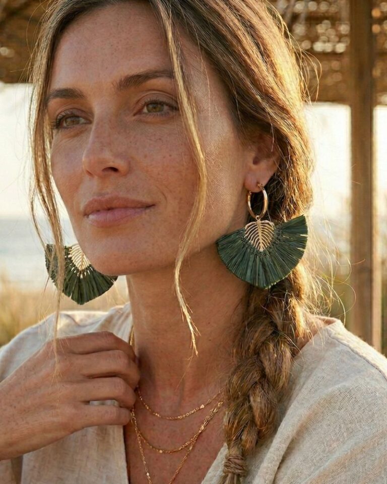 boucles d'oreilles feuille de palmier en raphia couleur vert