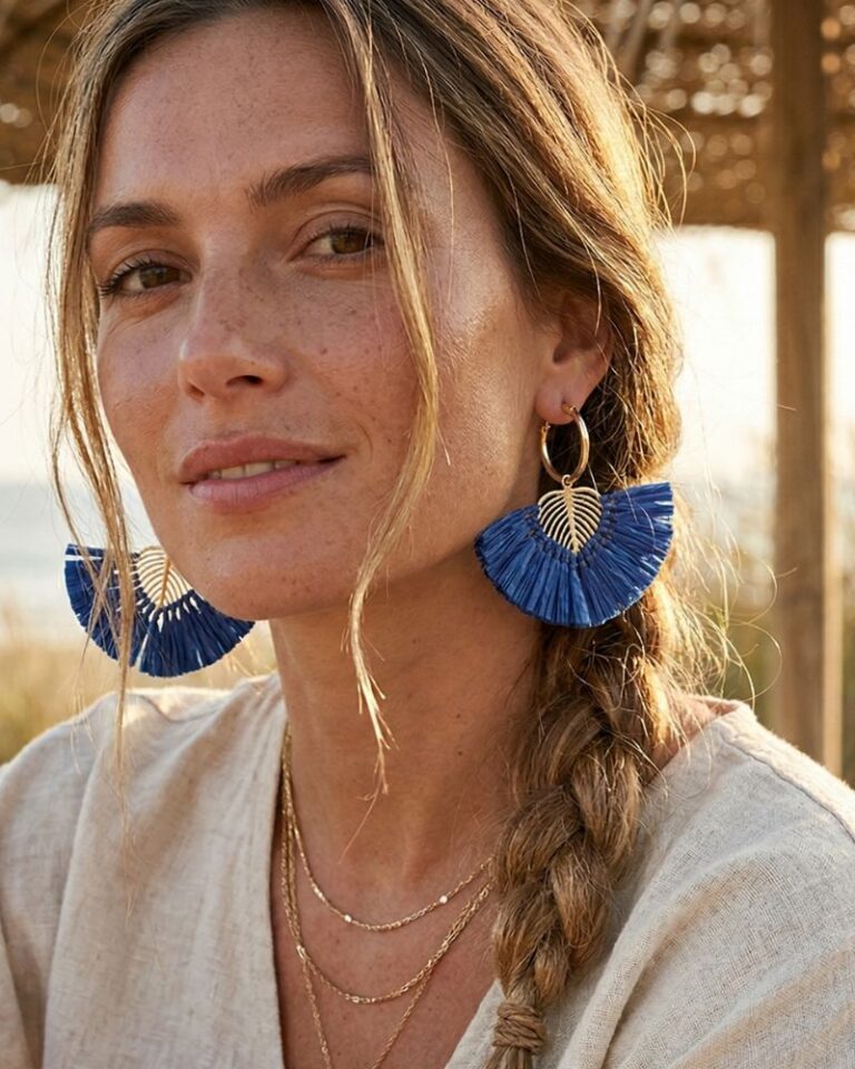 boucles d'oreilles feuille raphia couleur bleu marque Palme Paris