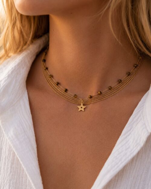 collier en acier inoxydable 5 rangs avec perles oeil de tigre