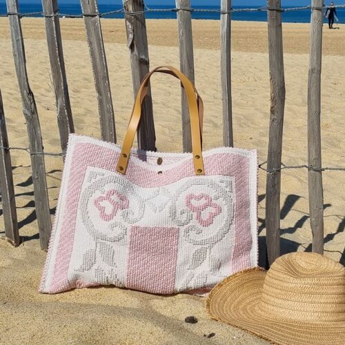 cabas de plage en coton épais blanc et rose clair pas cher