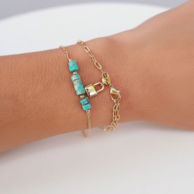 bracelet chaine plaqué or et pierre naturelle jaspe bleu bijou chic pour femme