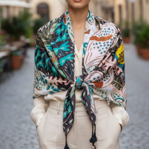 étole carré imprimé ethnique motif panthère et toucan marque Palme Paris