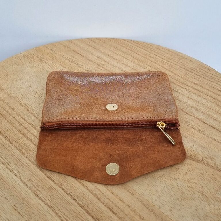 Porte monnaie daim pailleté camel