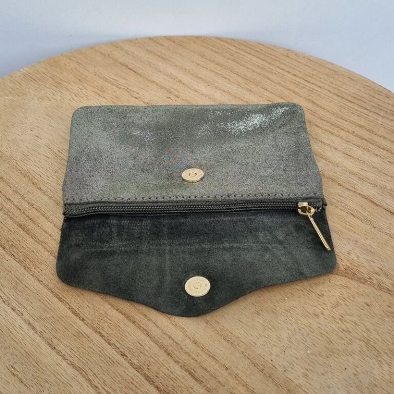 Porte monnaie daim paillété kaki