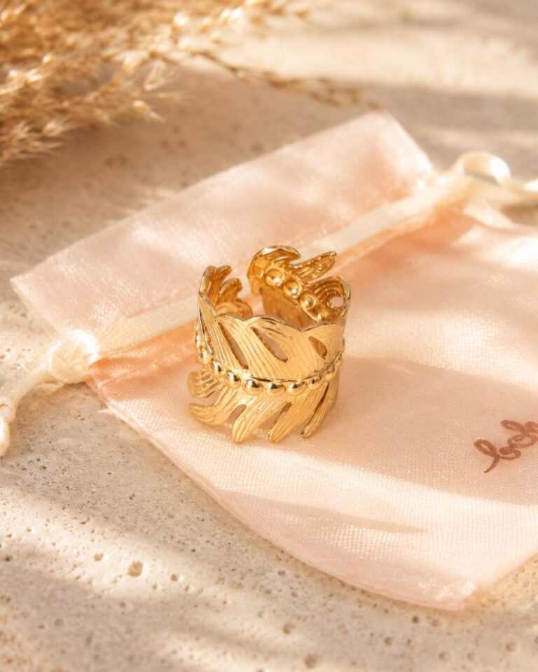 bague feuille rym bague motif feuille en acier inoxydable doré