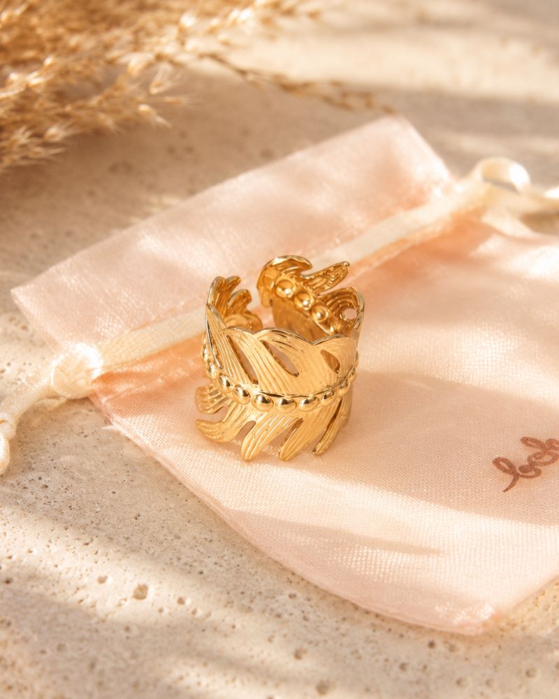 bague motif feuille en acier inoxydable doré