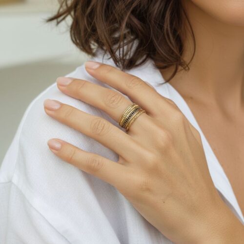 bague semainier pour femme en plaqué or 18 carats, composée de plusieurs rangs dorés et sertis de pierres zirconium noir