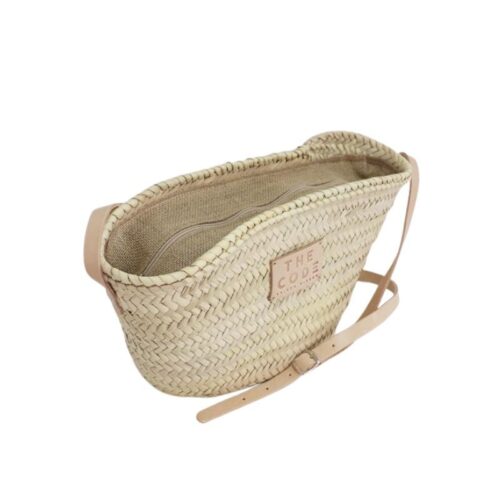 Panier Mallorca en feuilles de palmier tressées main, anses et bandoulière en cuir beige sur fond blanc