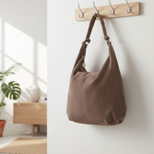 Sac cabas souple taupe en daim, forme hobo accessoire bohème chic intemporel