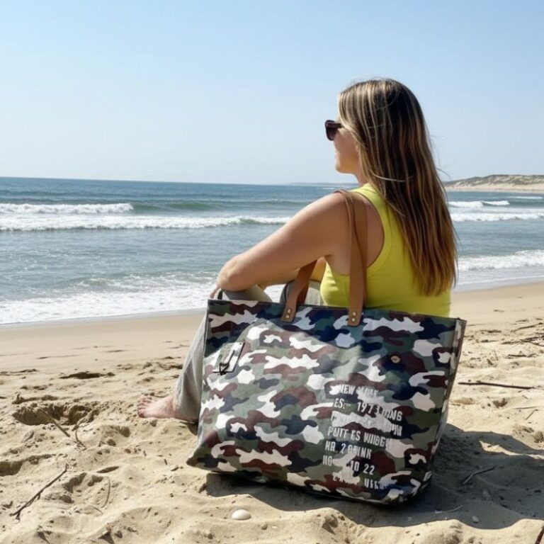 grand sac de plage imprimé camouflage en toile recyclée tendance été